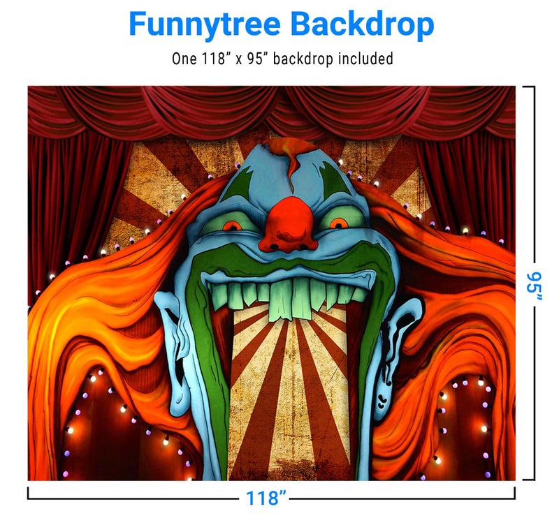 Funnytree 10x8ft Horror Circus Theme Halloween Backdrop for Photography Giant Evil Clown Hallomas Birthday Party Background Scary Grove Vampire Baby Cake Table Decor Banner Photobooth Studio Props - Image 3